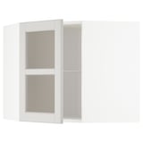 White METOD kitchen cabinet, light grey glass doors with beveled edges, adjustable shelves.