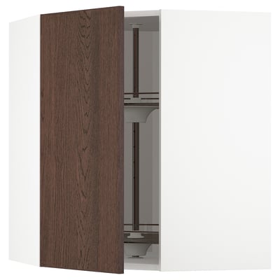 Open wood-veined cabinet showing hardware, dark brown.