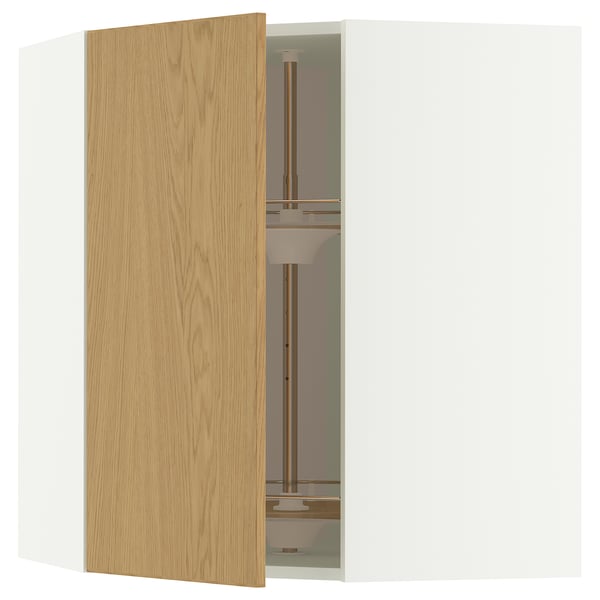A modern light brown METOD wall cabinet with an adjustable glass shelf and a metal pole divider, part of an ikea kitchen storage unit.
