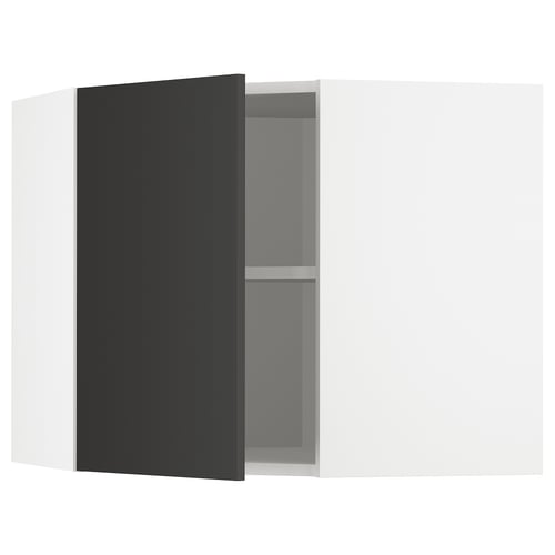 Modern black ikea METOD kitchen cabinet with white interior and adjustable shelf.