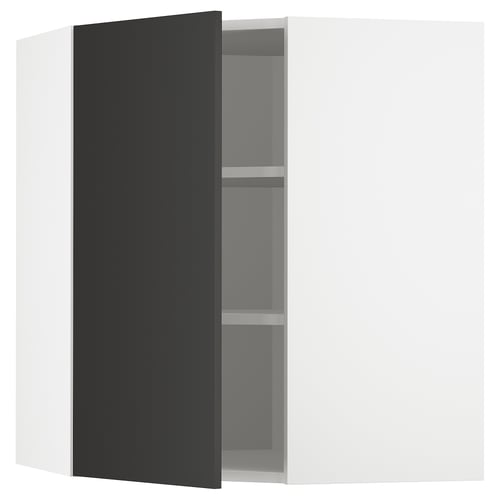 A modern, black kitchen corner cabinet with adjustable shelves and reversible door.