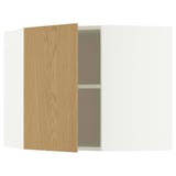 Depicts a white METOD corner wall cabinet with a single adjustable shelf. The door oak veneer.