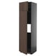 A dark brown wooden METOD cabinet, tall with a black frame, one open door revealing shelf space.