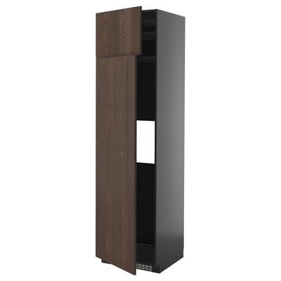 A dark brown wooden METOD cabinet, tall with a black frame, one open door revealing shelf space.