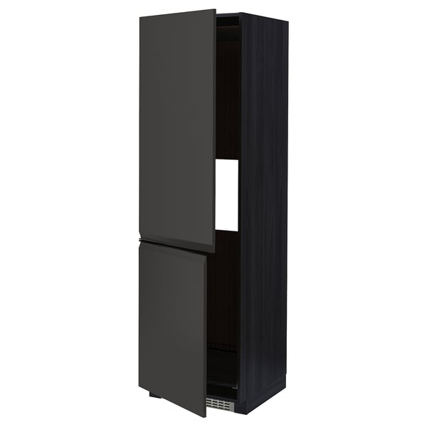 Black METOD kitchen cabinet with matte black handles, rectangular shape, two doors open.