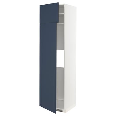 Blue high cabinet with adjustable shelves, part of ikeas METOD kitchen system.