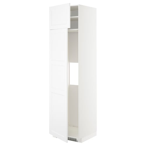 A white METOD kitchen cabinet with a modern design. It multiple adjustable shelves and reversible doors.