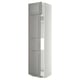 White and grey tall kitchen cabinet with three storage sections and adjustable shelves.