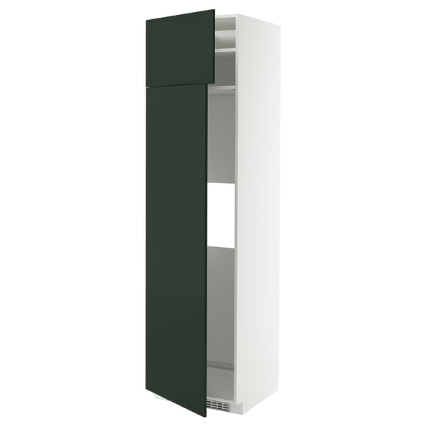 Green METOD kitchen cabinet with adjustable shelves, white frame.