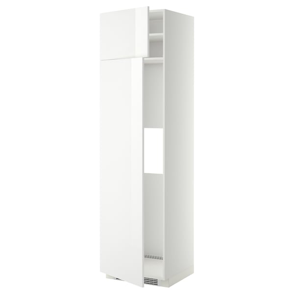 A white METOD kitchen cabinet with a modern glossy finish, featuring adjustable shelves and a sleek design.