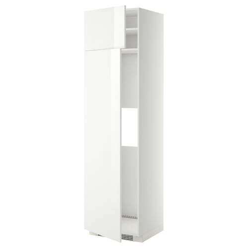 A white METOD kitchen cabinet with a modern glossy finish, featuring adjustable shelves and a sleek design.