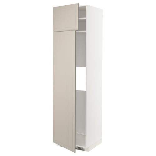 A light beige METOD kitchen cabinet set, tall and white, featuring a double door design with a crafted look.