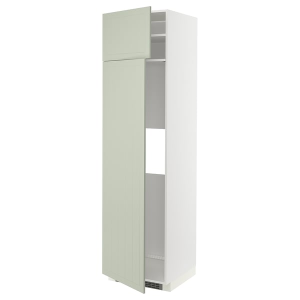 White METOD kitchen cabinet with light green stensund doors, adjustable shelves, and nickel-plated hinges.