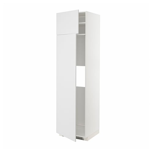 A white METOD tall kitchen cabinet with one open door, revealing adjustable shelves inside.