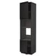 A tall, black METOD kitchen cabinet with three shelves, made from stained wood. It has two open doors, revealing adjustable shelves inside.