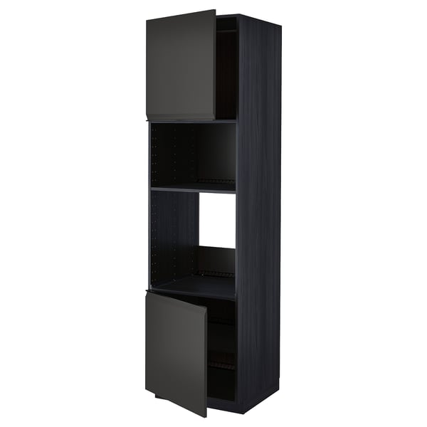 Black kitchen cabinet with open doors, modern design, matte finish, adjustable shelves.