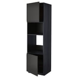 Black kitchen cabinet with open doors, modern design, matte finish, adjustable shelves.