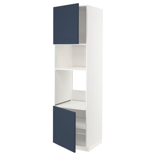 Tall white cabinet with blue doors open, adjustable shelves inside, modern design.