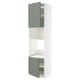 Displays a tall, narrow white cabinet with green doors. One door is open, revealing the shelf inside. The unit has two adjustable shelves.