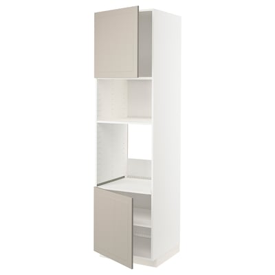 A white METOD kitchen cabinet with beige stensund doors, featuring adjustable shelves and a sleek, modern design.