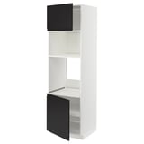 Modern white kitchen cabinet with matte black doors, adjustably spaced shelves.