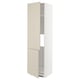Depicts a white and beige METOD kitchen cabinet with two open doors, showcasing its shelving inside.