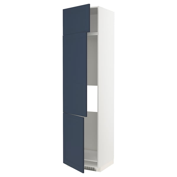 Blue and white tall kitchen cabinet with multiple shelves and doors, sleek modern design.