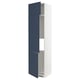 Blue and white tall kitchen cabinet with multiple shelves and doors, sleek modern design.