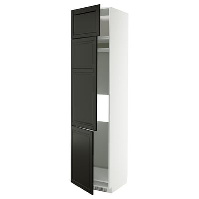 White tall storage cabinet with black doors open, showcasing internal shelves.