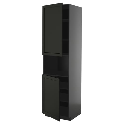 A black, tall kitchen cabinet with beveled edges from the METOD system, featuring two adjustable shelves.