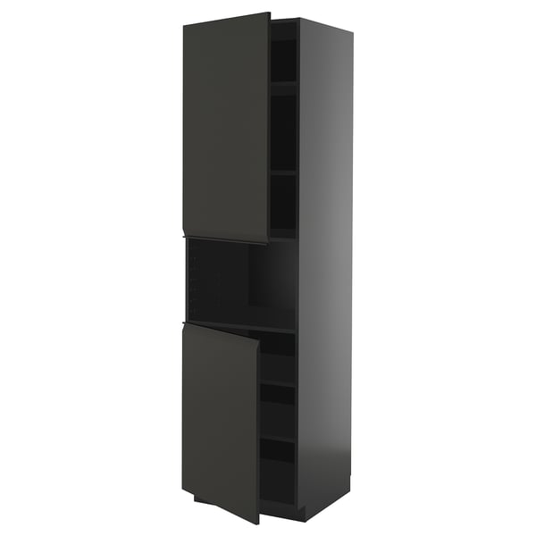 Dark gray METOD storage cabinet with minimalist matte handles, three shelves, sleek design.