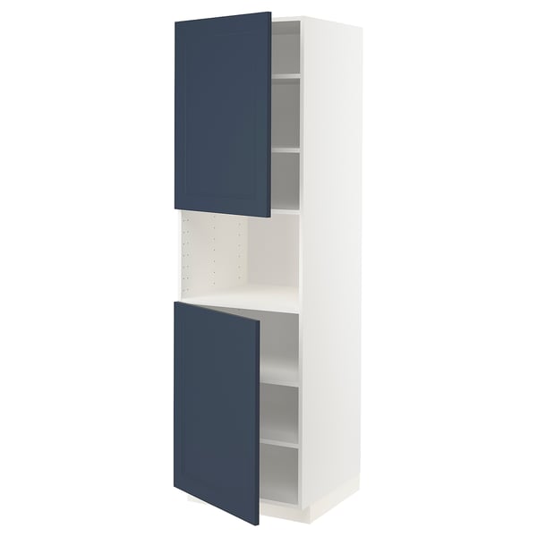 White kitchen cabinet with blue doors; tall, rectangular, modern design, featuring adjustable shelves.