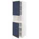 White kitchen cabinet with blue doors; tall, rectangular, modern design, featuring adjustable shelves.