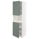 White METOD kitchen cabinet with green doors, matt grey-green, open design, adjustable shelves.