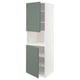 White METOD kitchen cabinet with green doors, matt grey-green, open design, adjustable shelves.