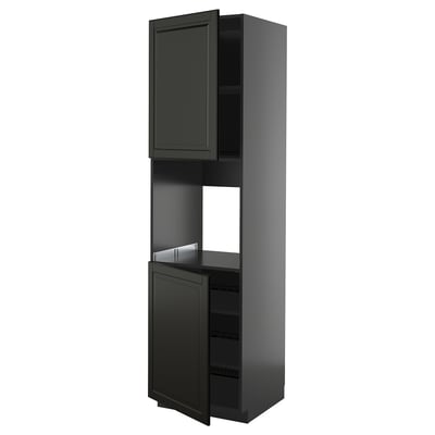 A black METOD kitchen cabinet with a tall, narrow shape and a door open to reveal shelves.
