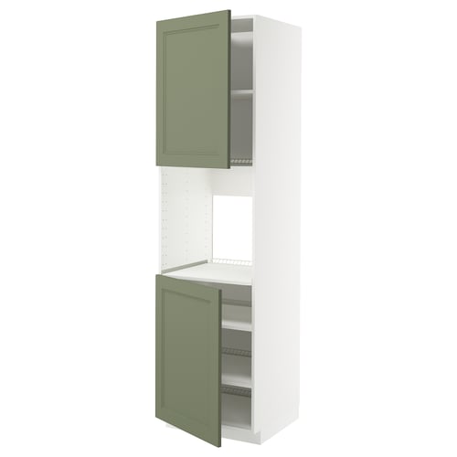 METOD cabinet, white and green, vertical, two sections, left door open.