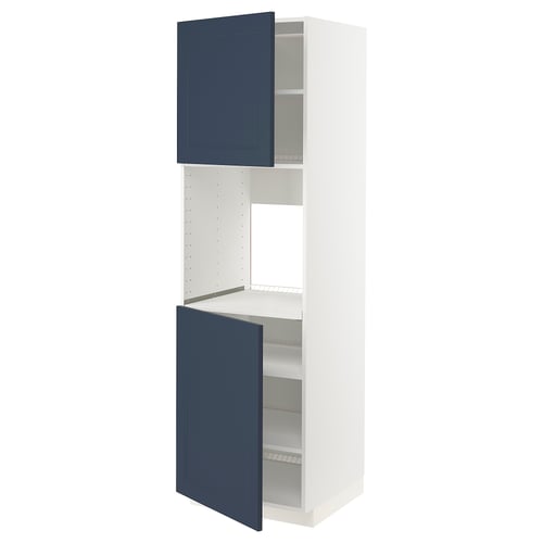A white METOD kitchen cabinet with blue doors and adjustable shelves.