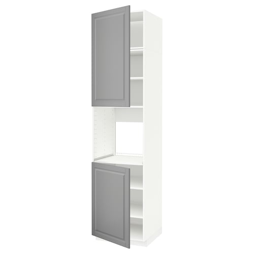 A white METOD kitchen cabinet with grey bodbyn doors, featuring a traditional design with beveled edges and adjustable shelves.