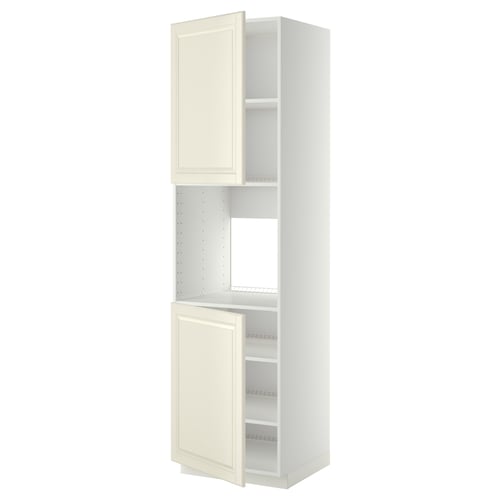 A white METOD kitchen cabinet with beige doors, featuring adjustable shelves and a traditional design.