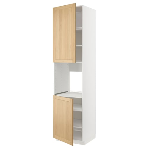METOD kitchen cabinet, white and oak, two shelves, one open.