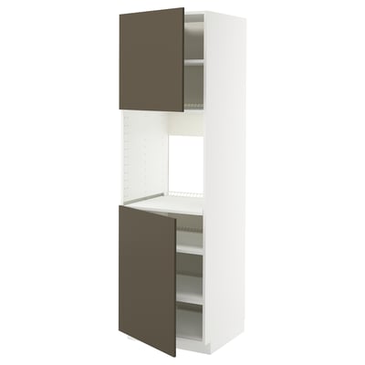 A white METOD kitchen cabinet with dark brown doors, featuring sturdy construction and adjustable shelves.