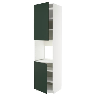 White METOD cabinet with dark green doors, three compartments, adjustable shelves.