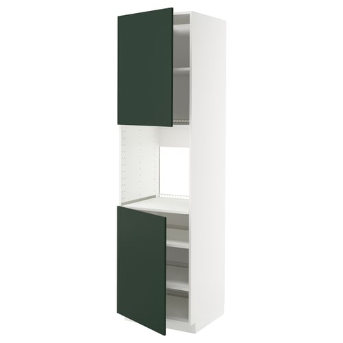 A tall, white ikea METOD kitchen cabinet with green doors and adjustable shelves.