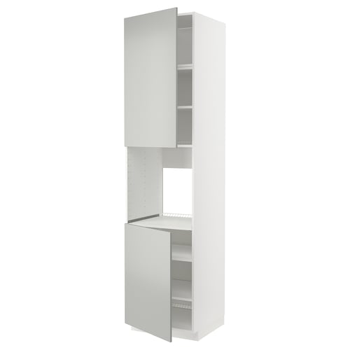 White METOD kitchen unit, modern design with grey havstorp fronts, clean look, metal shelves, rectangular shape.