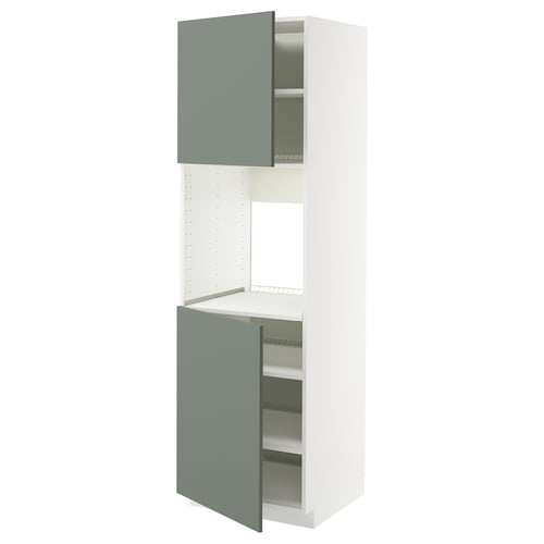 Modern kitchen unit with grey-green doors, white frame, and adjustable shelves.
