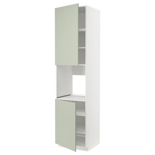 Green METOD kitchen cabinet with open doors, displaying shelves inside.