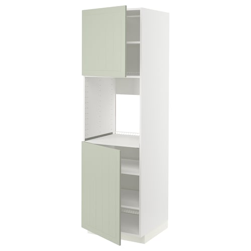 A METOD kitchen cabinet with stensund green doors, showcasing a vertical design with adjustable shelves and a 25-year guarantee.