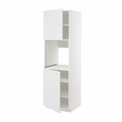 A white ikea METOD kitchen cabinet with one open door, revealing adjustable shelves.