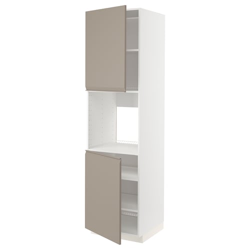 A modern, beige-colored METOD kitchen cabinet. It has two doors with integrated handles, adjustable shelves, and a sleek, minimalist design.